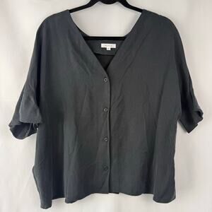 VETTA Capsule Black Button Up V Neck Short Ruffle Sleeve Tencel Blouse Size XL